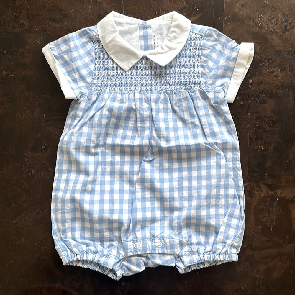 Janie and Jack Boy’s Collared One Piece Blue Gingham 6-12 Months 100% Cotton